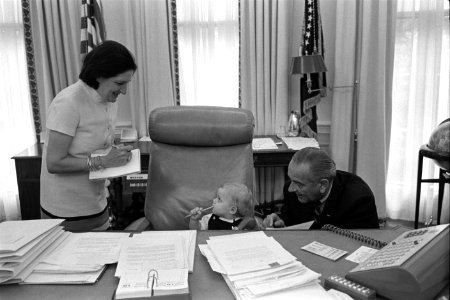 President Lyndon Baines Johnson, Patrick Lyndon Nugent, and Helen Thomas photo