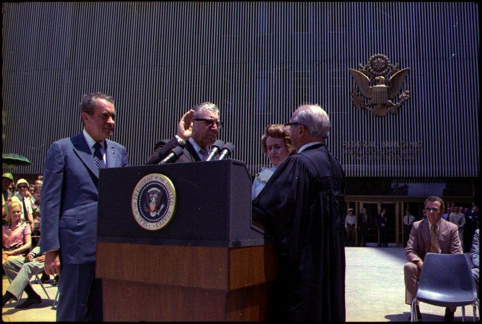 President Nixon watches Judge Clarence Kelly being sworn-in as Director of the Federal Bureau of Investigation (FBI) - NARA - 194528