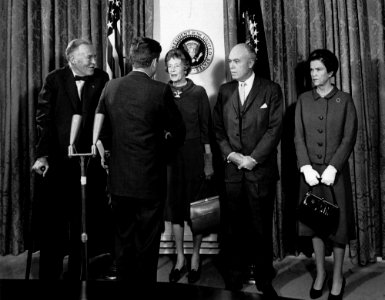 President John F. Kennedy Attends Swearing-in Ceremony for Special Representative for Trade Negotiations, Christian A. Herter, and Deputy Special Representative for Trade Negotiations, William T. Gossett JFKWHP-AR7631-C