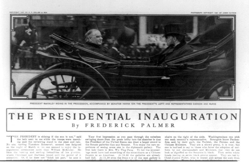 President McKinley riding in the procession, accompanied by Senator Hanna (on the President's left) and Representatives Cannon and McRae LCCN89708328