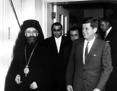 President John F. Kennedy Exits White House with Archbishop Makarios III, President of the Republic of Cyprus