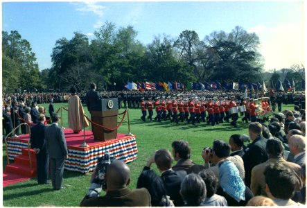 President Nixon and Prime Minister Gandhi at welcoming ceremony on the South Lawn of the White House - NARA - 194390