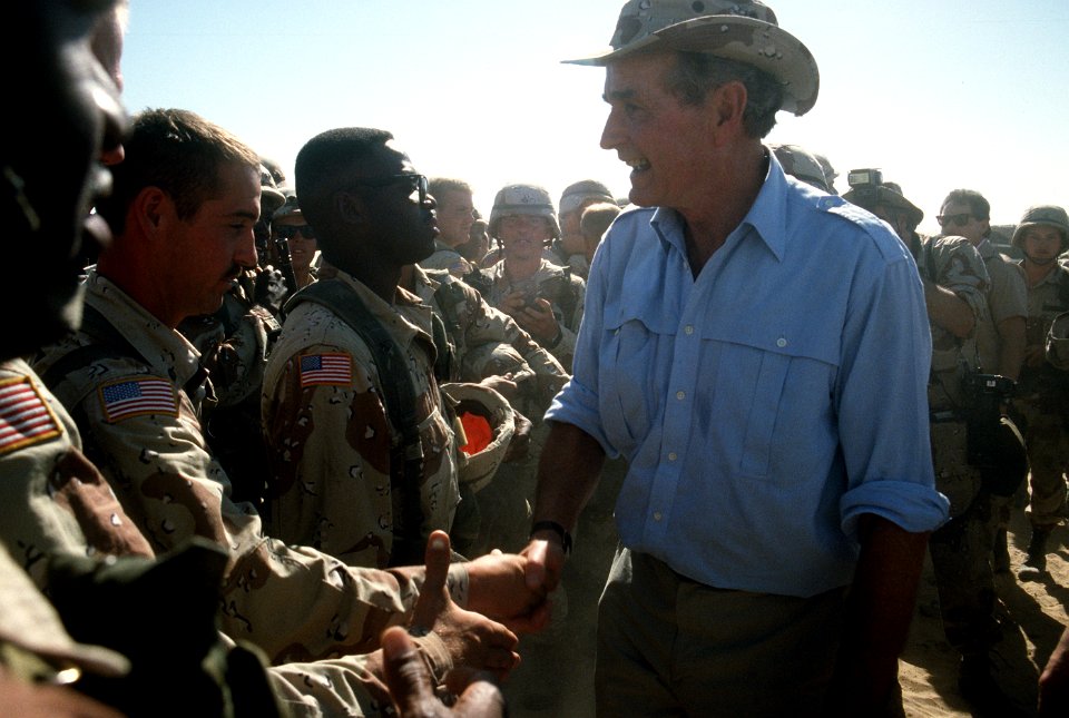 President George H. W. Bush meets soldiers of the 197th Brigade, 24th Infantry Division