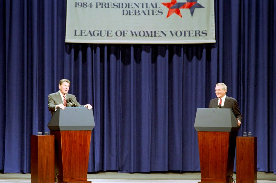 President Reagan and Democratic Candidate Walter Mondale during the Second Debate on Foreign Policy in Kansas City, Missouri