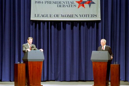 President Reagan and Democratic Candidate Walter Mondale during the Second Debate on Foreign Policy in Kansas City, Missouri