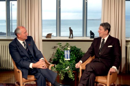 President Reagan meeting with Soviet General Secretary Gorbachev at Hofdi House during the Reykjavik Summit Iceland photo