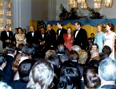 President Richard Nixon addressing the crowd gathered in the Kennedy Center Grand Foyer to celebrate the inauguration
