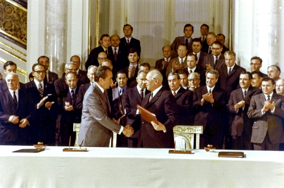 President Richard Nixon and Chairman Nikolai Podgorny shaking hands at the Moscow Summit