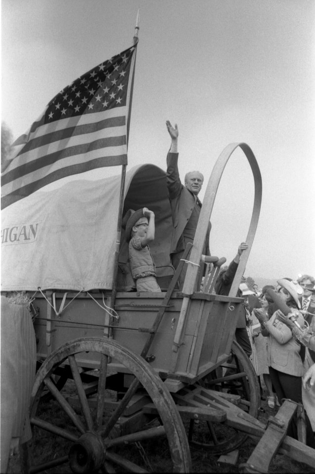 President Gerald Ford boards the Michigan wagon at the Bicentennial Wagon Train Pilgrimage encampment