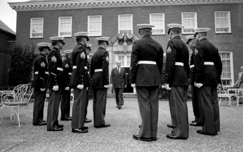President Gerald Ford departs the American Embassy for bilateral talks at the Soviet Embassy