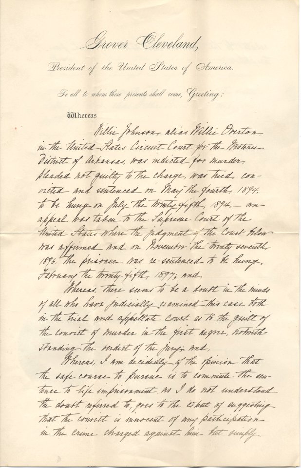 President Grover Cleveland's Commutation of Willie Johnson, alias Willie Overton's Death Sentence - Page 1 (8495456398)