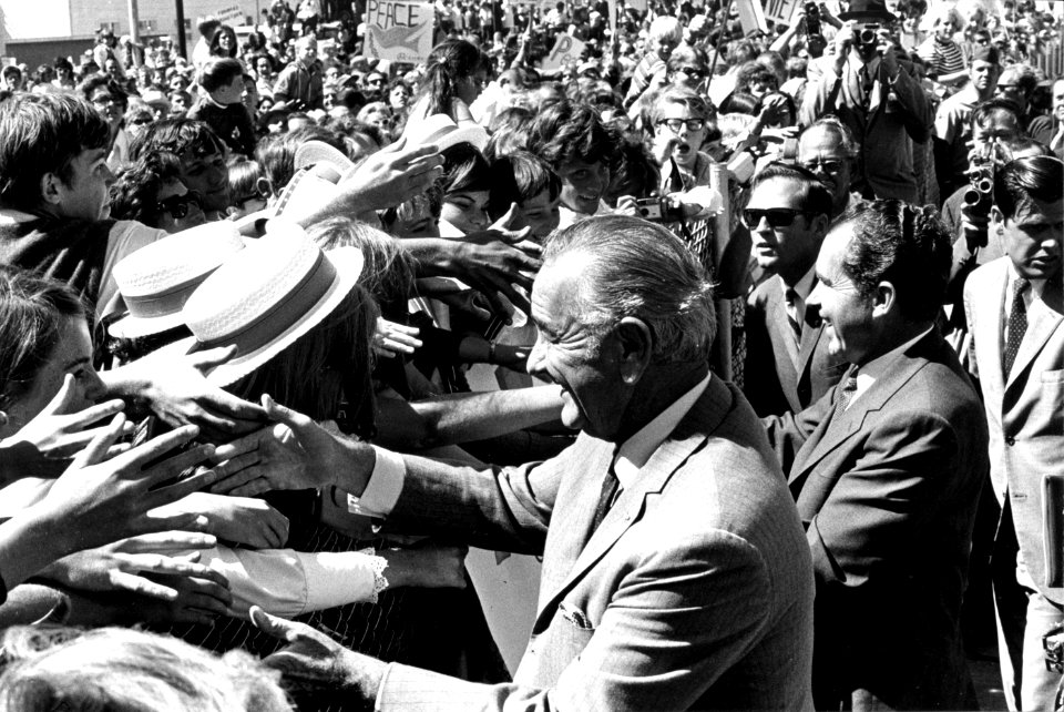 President Richard Nixon and former President Lyndon Johnson greeting the crowd at the Eureka Airport