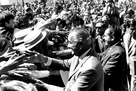 President Richard Nixon and former President Lyndon Johnson greeting the crowd at the Eureka Airport