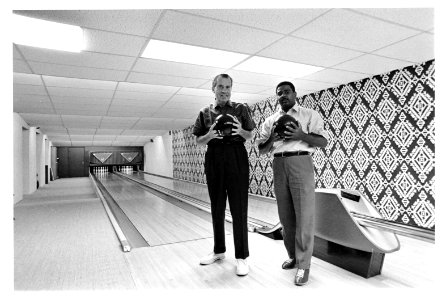 President Richard Nixon bowling with Frank Blair in the White House bowling alley