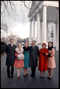 President Richard Nixon, Pat Nixon, Mamie Eisenhower, Julie Nixon Eisenhower, Tricia Nixon Cox and Ed Cox following the 1973 Inaugural Parade