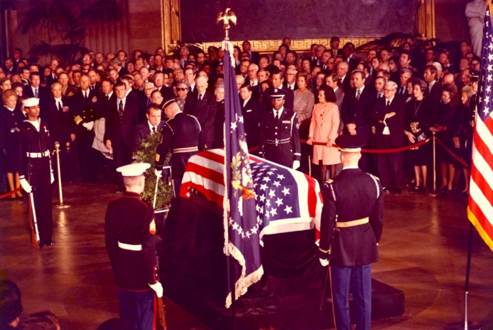 President Richard Nixon Laying a Wreath at the Casket of Former President Lyndon Baines Johnson during the Lying in State Memorial Ceremony in the Capitol Rotunda