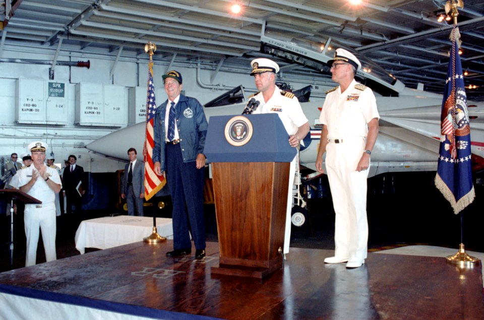 President Ronald Reagan aboard the aircraft carrier USS Constellation at a reenlistment ceremony
