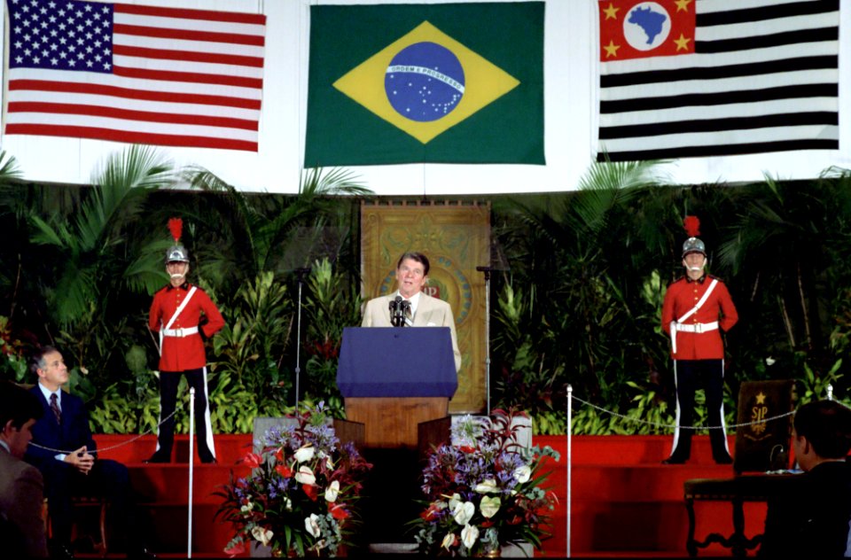 President Ronald Reagan addressing United States and Brazilian business leaders at Palacio Dos Bandeirantes in Sao Paulo, Brazil