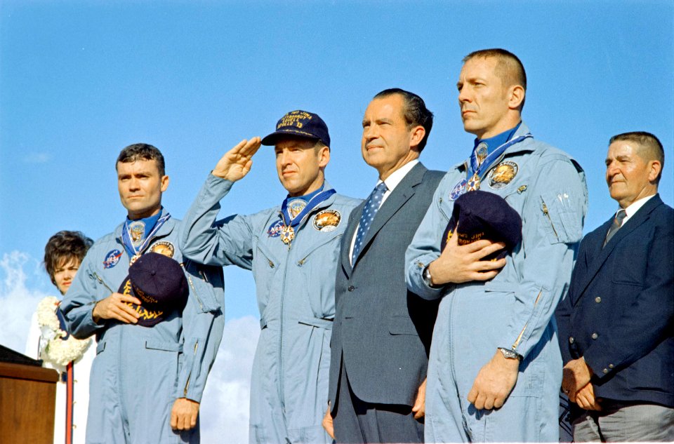 President Richard Nixon Stands with Apollo 13 Astronauts Lovell, Haise and Swigert during their Medal of Freedom Award Ceremony