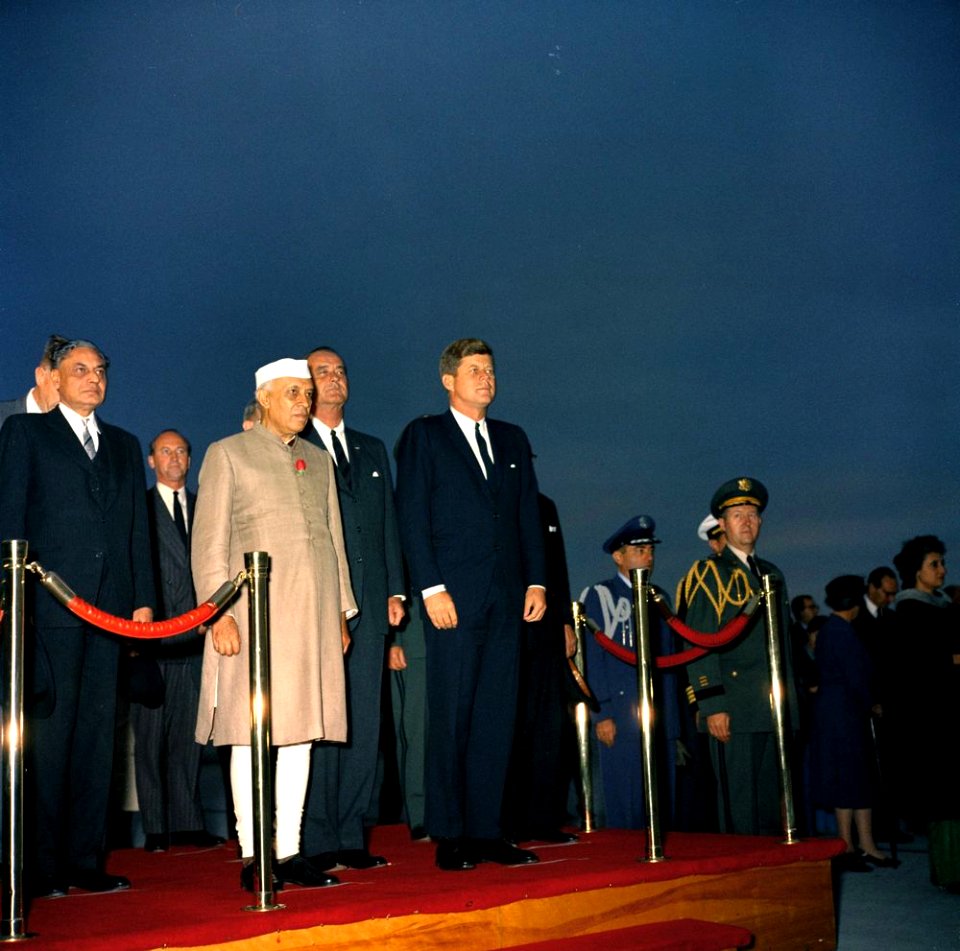 President John F. Kennedy and Prime Minister of India Jawaharlal Nehru at Arrival Ceremonies (color)
