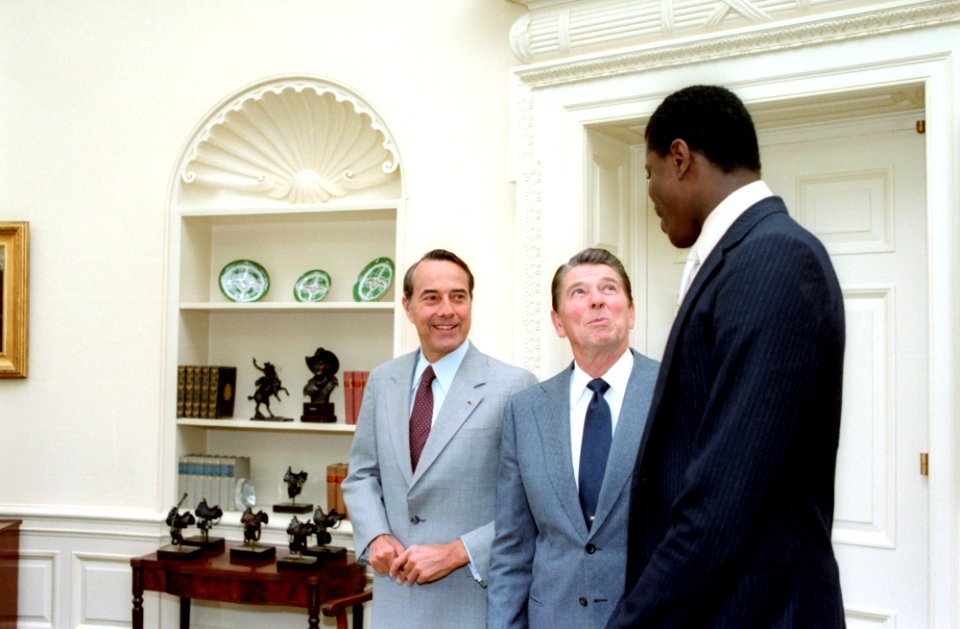 President Ronald Reagan and Bob Dole with Patrick Ewing