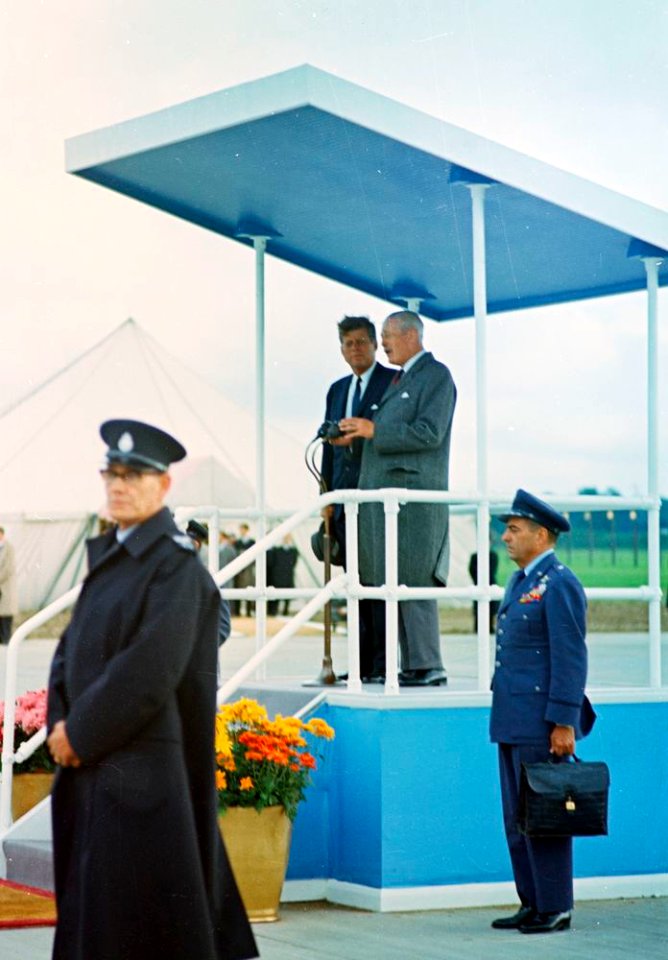 President John F. Kennedy with Prime Minister Harold Macmillan at Gatwick Airport in England