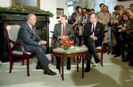 President Ronald Reagan and George H. W. Bush meeting with General Secretary Mikhail Gorbachev (1) photo