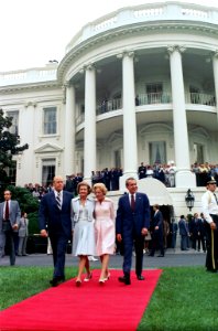 President Richard Nixon, Pat Nixon, Vice President Gerald Ford, and Betty Ford Walking from the White House to the President's Helicopter