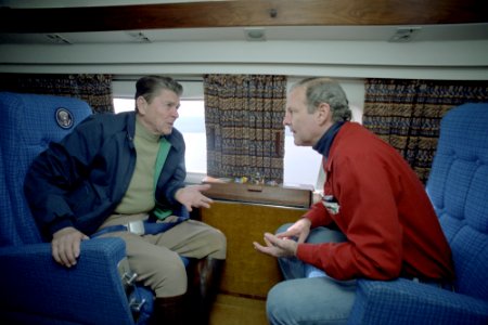 President Ronald Reagan and James Baker aboard Marine One photo