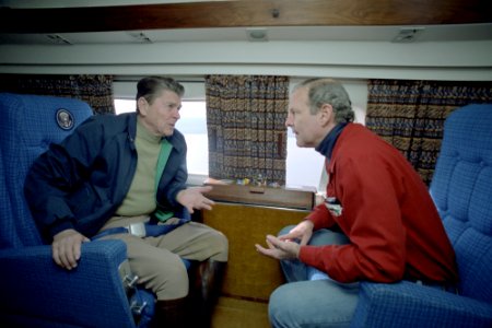President Ronald Reagan and James Baker aboard Marine One