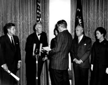 President John F. Kennedy Attends Swearing-in Ceremony for Special Representative for Trade Negotiations, Christian A. Herter, and Deputy Special Representative for Trade Negotiations, William T. Gossett JFKWHP-AR7631-E
