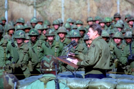 President Ronald Reagan addresses U.S. troops at the Demilitarized Zone photo