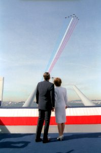 President Ronald Reagan and Nancy Reagan aboard the USS Iowa during the International Naval Review in New York Harbor