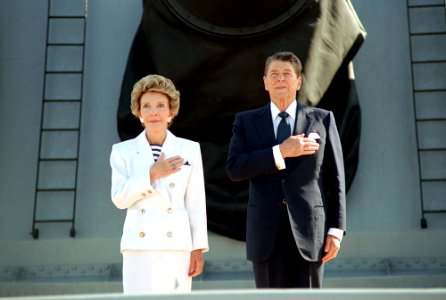 President Ronald Reagan and Nancy Reagan during a trip to New York and the International Naval Review on the USS Iowa photo