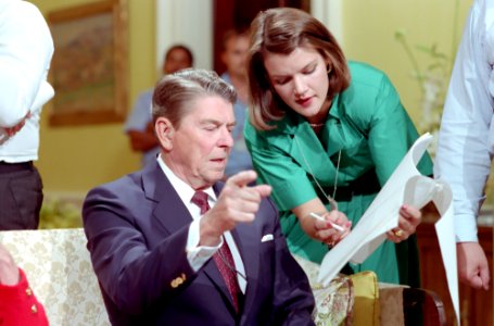 President Ronald Reagan and Elizabeth Board in the residence rehearsing for the upcoming Address to the Nation on the National Campaign against Drug Abuse
