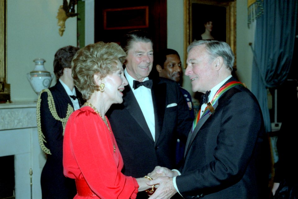President Ronald Reagan and Nancy Reagan greet Gene Kelly