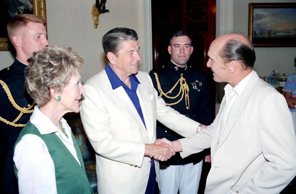 President Ronald Reagan and Nancy Reagan greet Robert Duvall