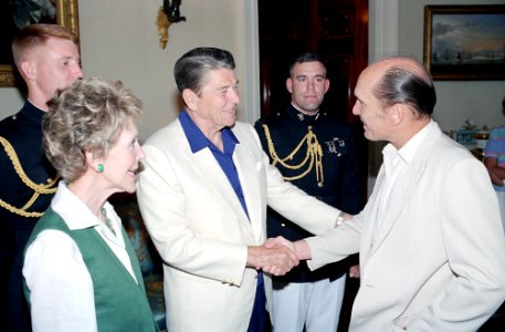 President Ronald Reagan and Nancy Reagan greet Robert Duvall
