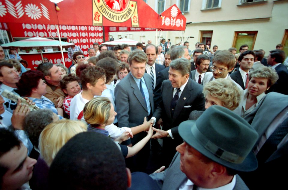 President Ronald Reagan and Nancy Reagan greeting Moscow citizens on Arbat Street during the Moscow Summit