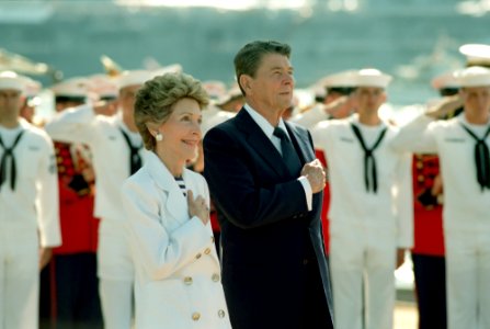 President Ronald Reagan and Nancy Reagan pledging on USS Iowa in New York Harbor photo