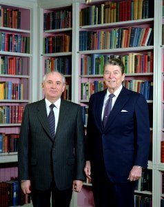 President Ronald Reagan and Mikhail Gorbachev in the White House Library