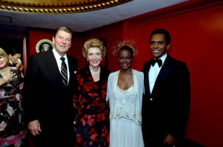 President Ronald Reagan and Nancy Reagan posing with Cicely Tyson