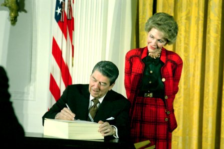President Ronald Reagan and Nancy Reagan at a signing ceremony for HR 5210 Anti Drug Abuse Act of 1988 photo