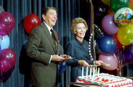 President Ronald Reagan and Nancy Reagan at the President's surprise 76th birthday party