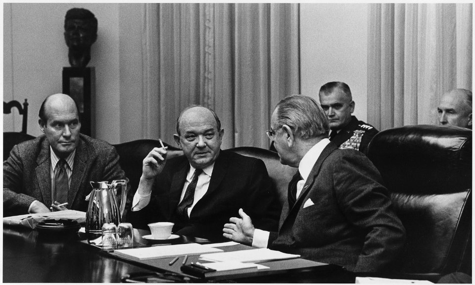 President Lyndon B. Johnson speaks to Secretary of State Dean Rusk in Cabinet Room meeting with Under Secretary of... - NARA - 192583