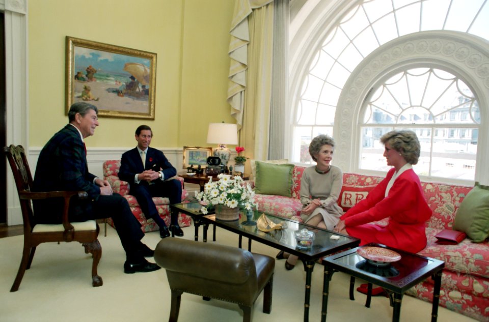 President Ronald Reagan and Nancy Reagan have tea with Prince Charles and Princess Diana in the White House Residence