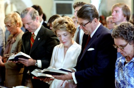 President Ronald Reagan and Nancy Reagan with James Baker attending Easter Service at St James Church photo