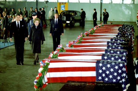President Ronald Reagan and Nancy Reagan honor the victims of the bombing of the United States Embassy in Beirut