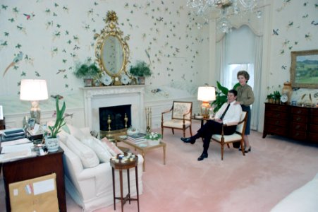 President Ronald Reagan and Nancy Reagan in the newly remodeled First Family Bedroom