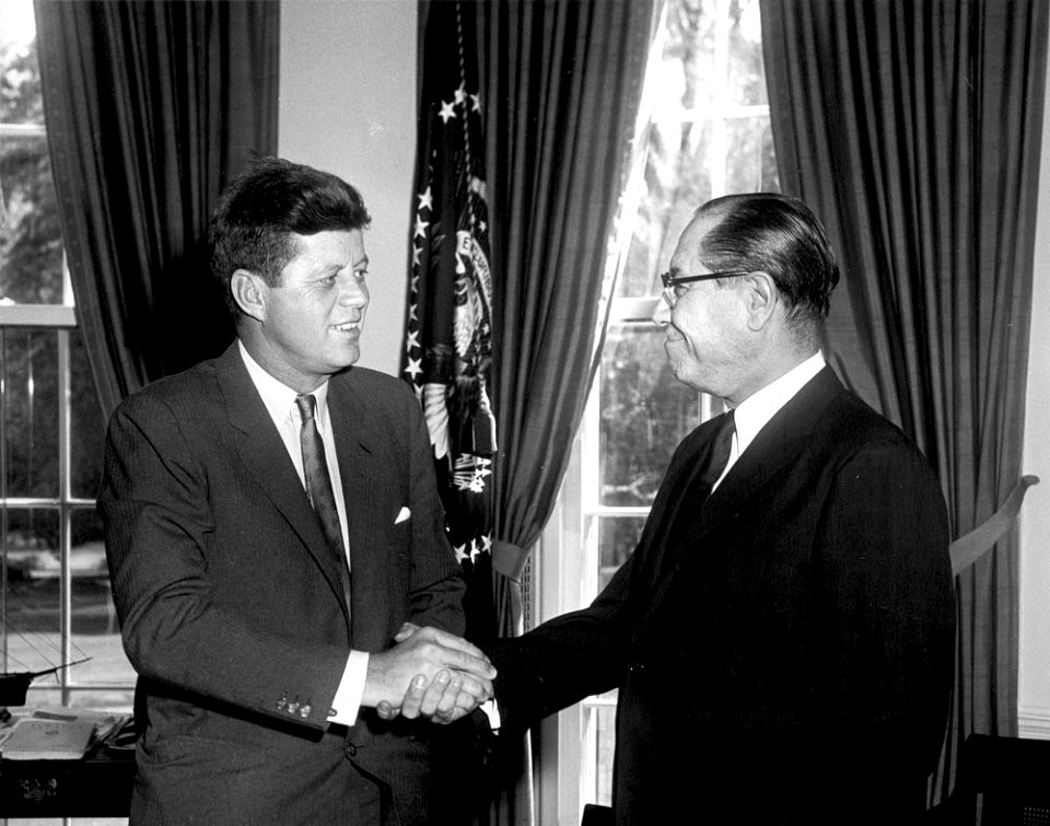 President John F. Kennedy Shakes Hands with US Ambassador to Venezuela, Teodoro Moscoso